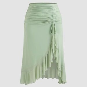 CIDER Mesh Ruched Pastel Green Ruffle High Low Maxi Skirt